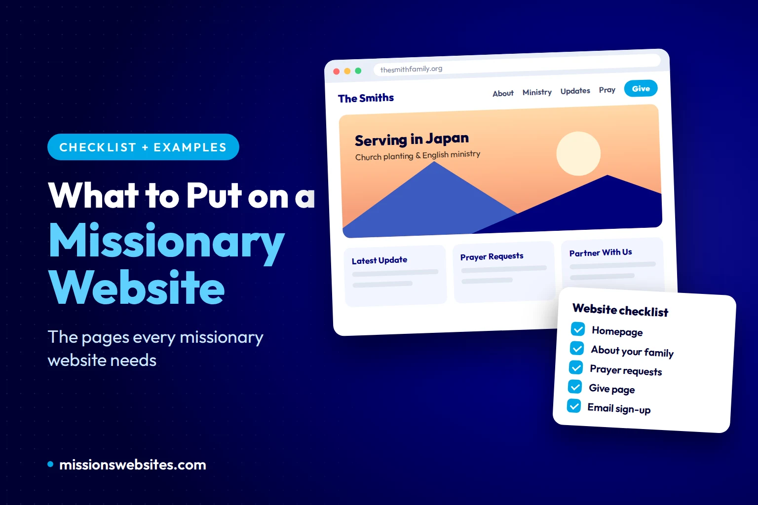 A graphic showing a missionary website checklist and example.