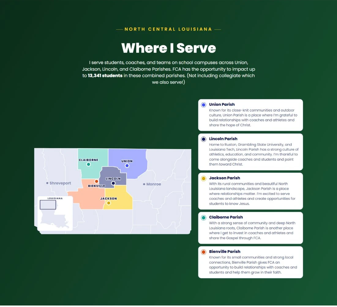 Missionary website map of north central Louisiana with the parishes Haley Kemp serves in different colors