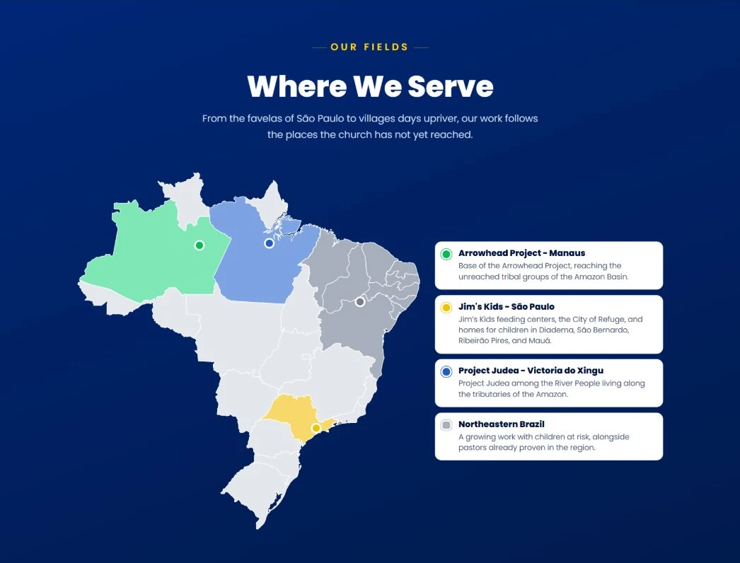 Missionary website map of Brazil showing four ministry locations with matching cards