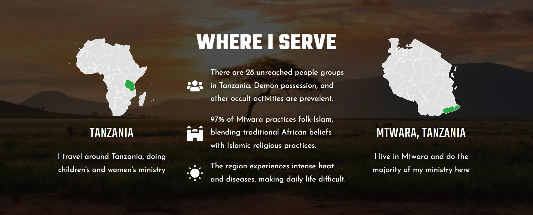 Missionary website map showing Tanzania in Africa and the Mtwara region highlighted